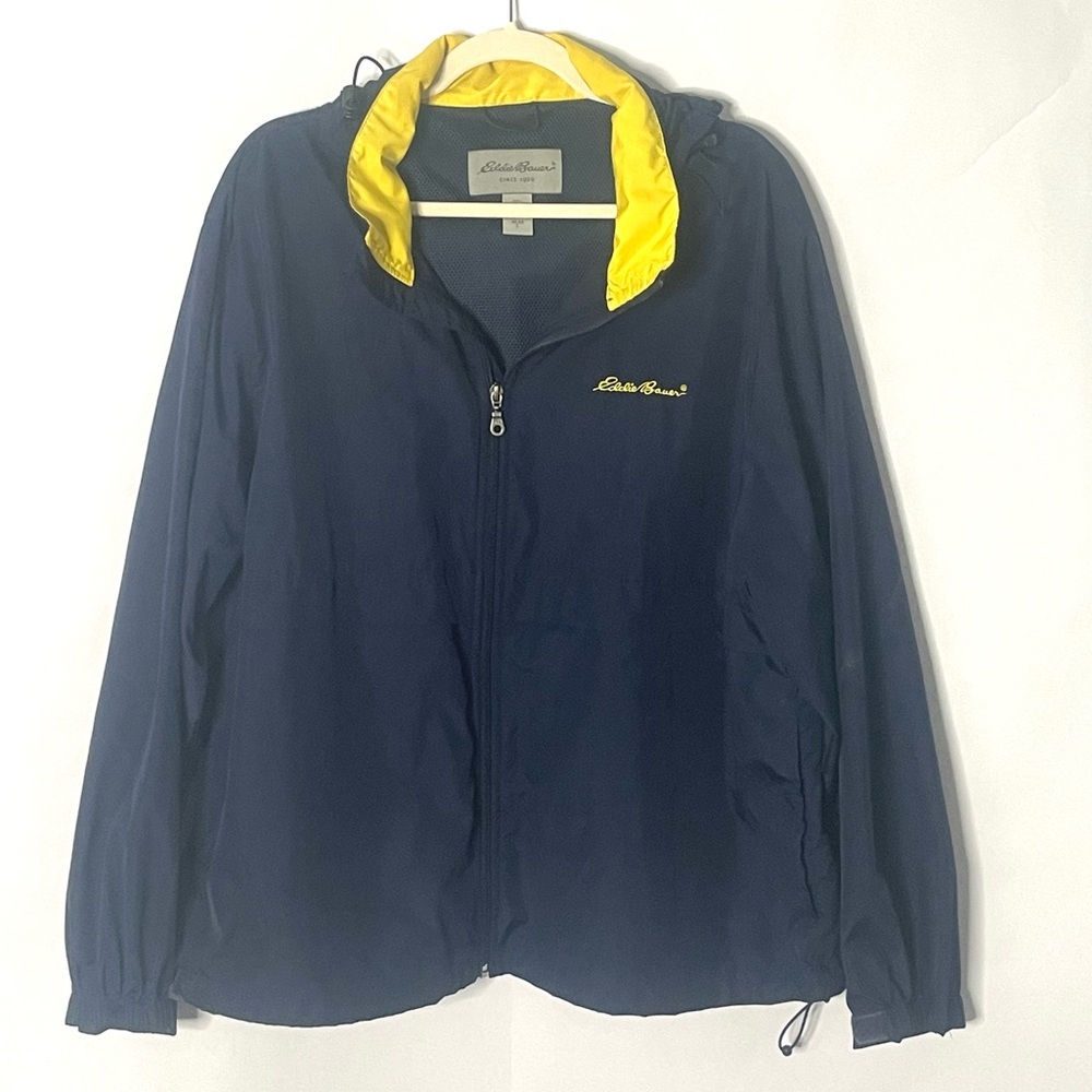 Eddie Bauer men’s 80s 90s windbreaker rain jacket zip up w/ hoodie Size L hiking